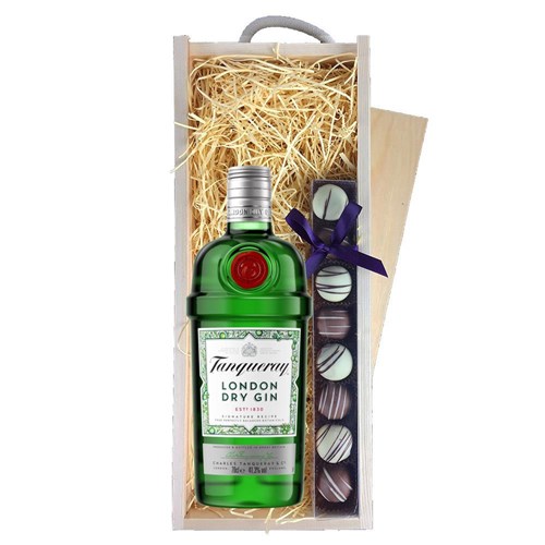 Tanqueray Dry Gin 70cl & Heart Truffles, Wooden Box